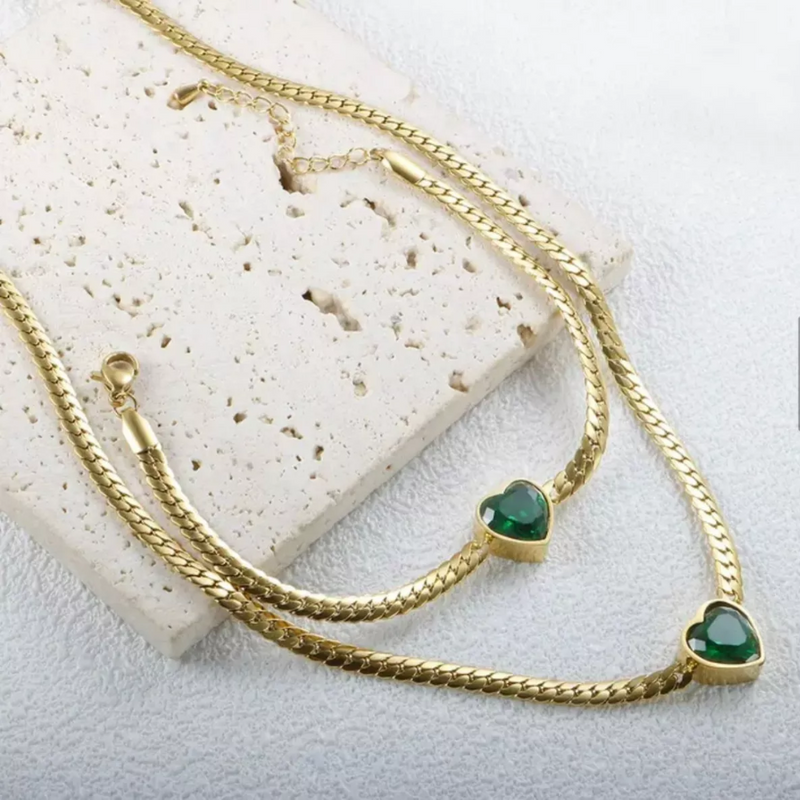 Conjunto Cordão e Pulseira Feminino Pedra Verde